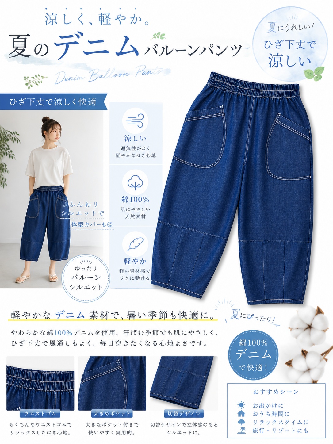 株式会社ワンスマイル / 3427 デニム調 50cm丈バルーンパンツ